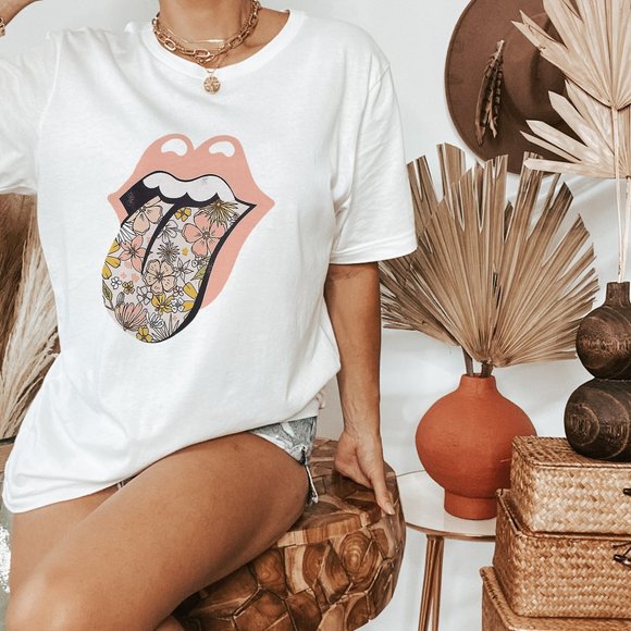 Women's Pink Floral Tongue Vintage Distressed Graphic Tee - Picture 3 of 10